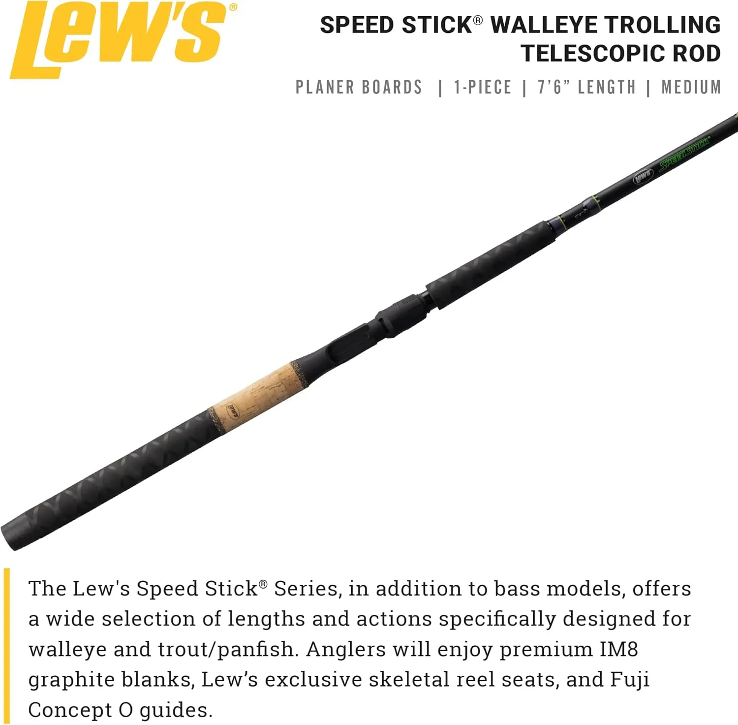 Lew’s Speed Stick Spinning Fishing Rod, IM8 Graphite Blank with Fuji Concept O Guides, Full-Length Cork Grips, Gray/Green