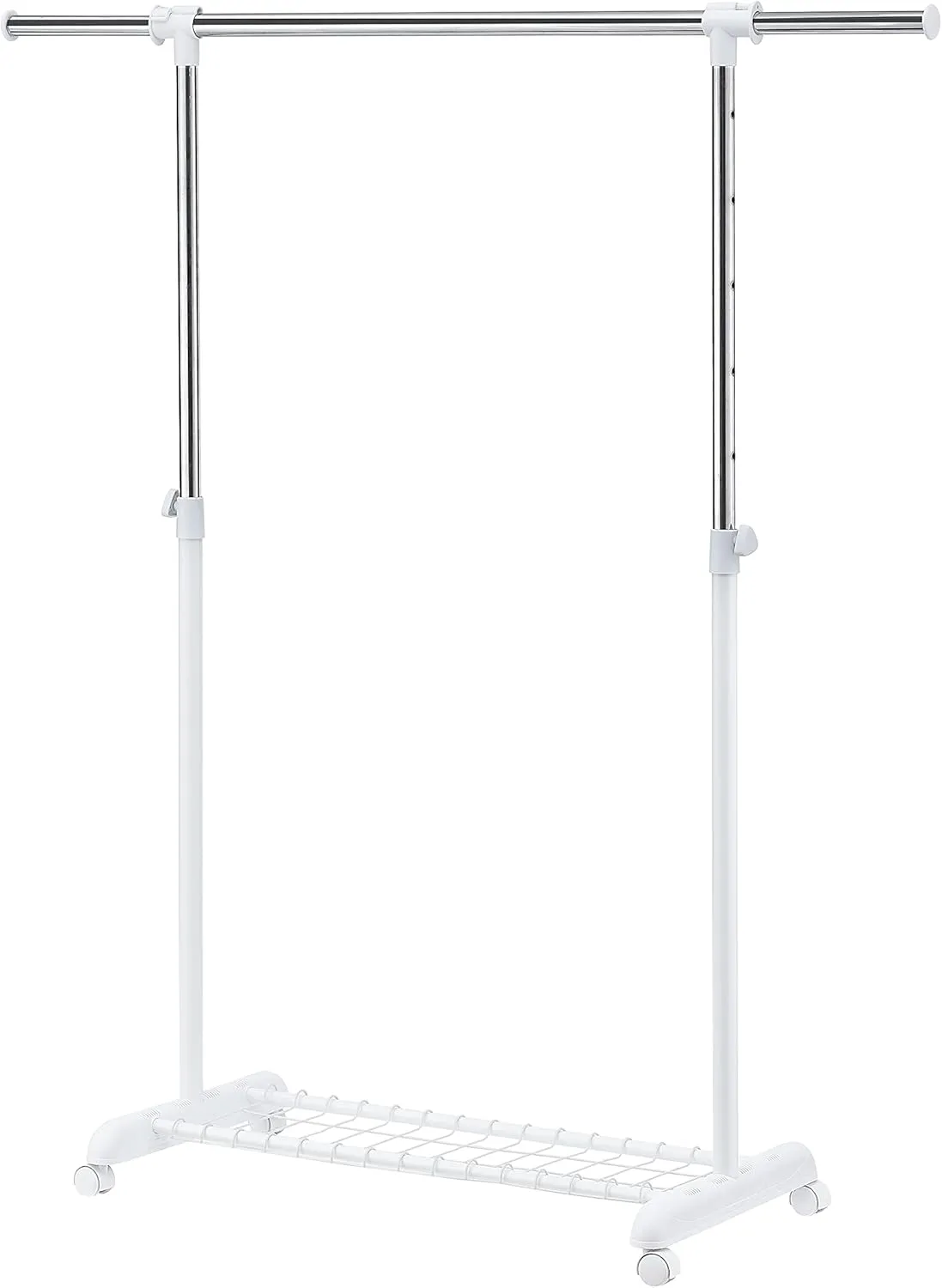 LiaMeE Adjustable Clothing Rack for Hanging Clothes, Heavy Duty Garment Rack with Wheels，Free Standing Rolling Clothes Rack with Shelf & Grid, Easy Assembly Standard Rod, White & Chrome