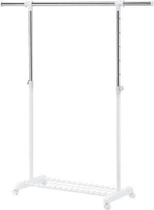 LiaMeE Adjustable Clothing Rack for Hanging Clothes, Heavy Duty Garment Rack with Wheels，Free Standing Rolling Clothes Rack with Shelf & Grid, Easy Assembly Standard Rod, White & Chrome