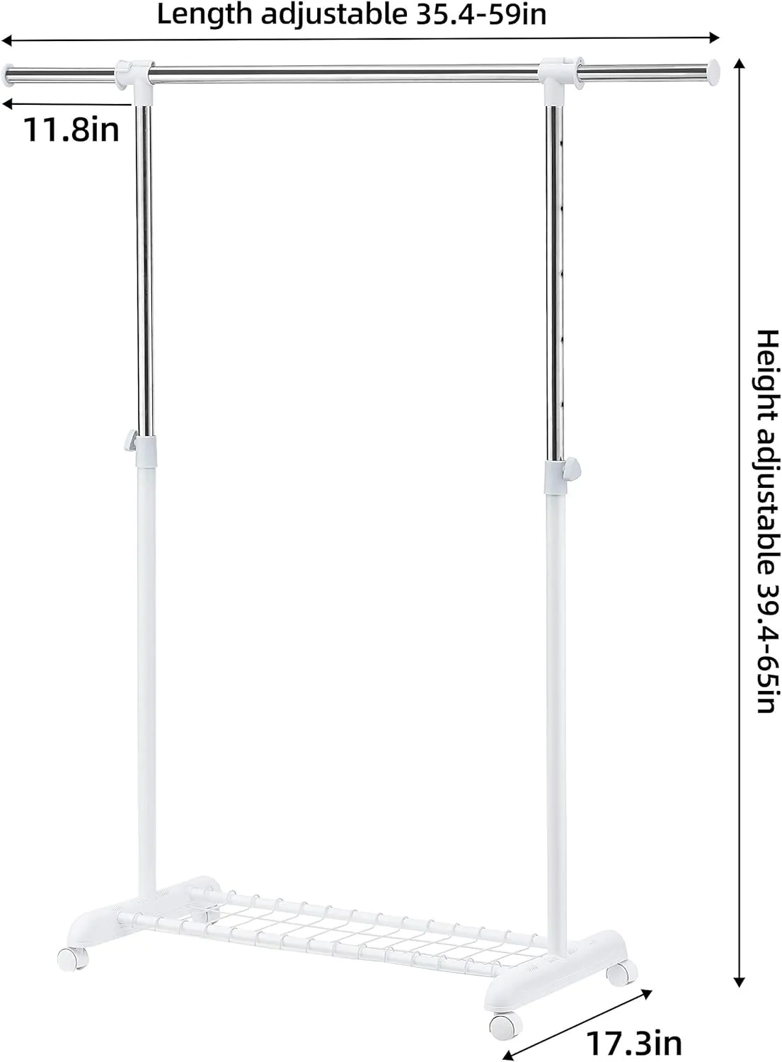 LiaMeE Adjustable Clothing Rack for Hanging Clothes, Heavy Duty Garment Rack with Wheels，Free Standing Rolling Clothes Rack with Shelf & Grid, Easy Assembly Standard Rod, White & Chrome