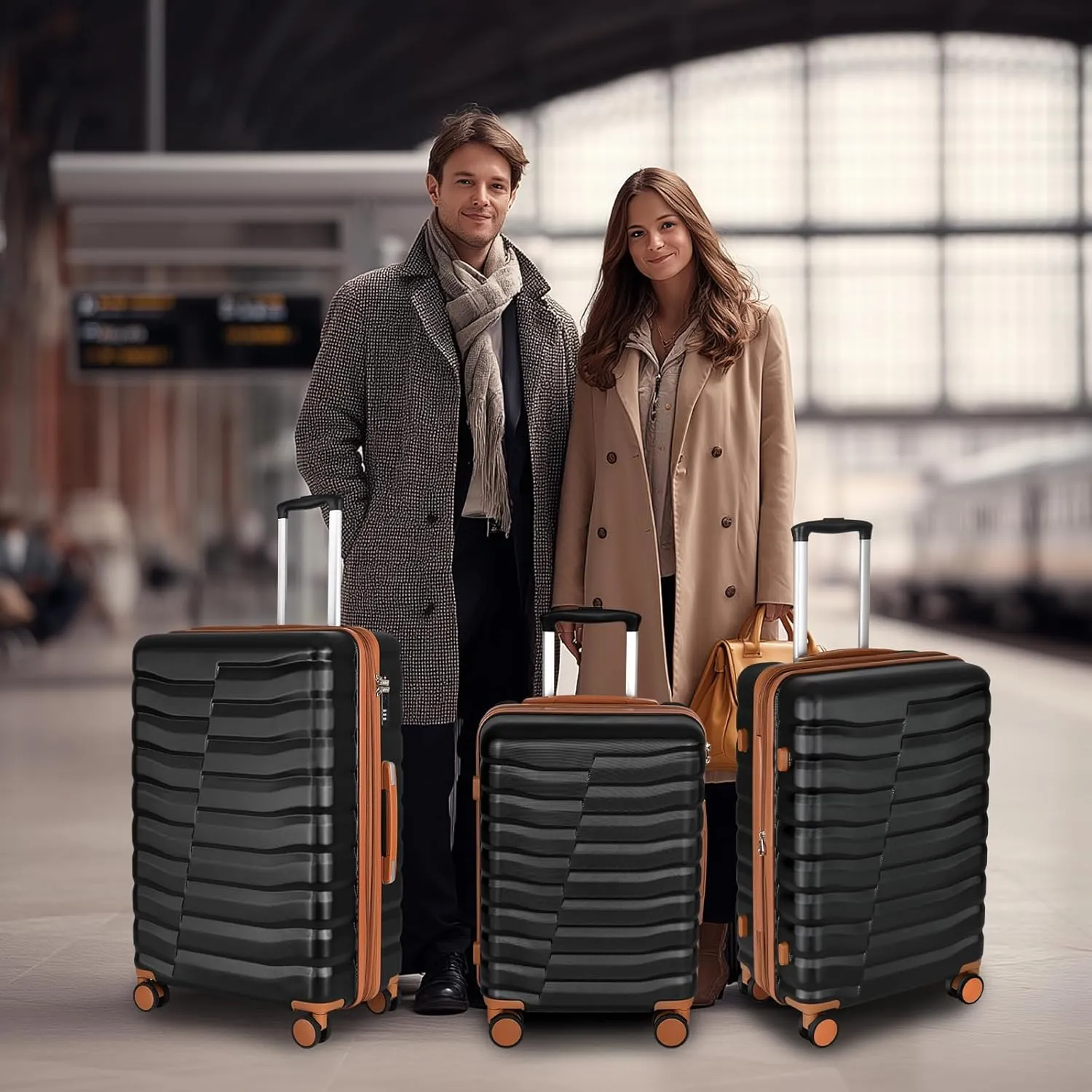 Lightweight Luggage with Spinner Wheels & YKK Zipper, 3-Piece Suitcase ABS PC Hardside Hard Shell Luggage Set with TSA Lock, Black & Brown (20 24 28 inch)