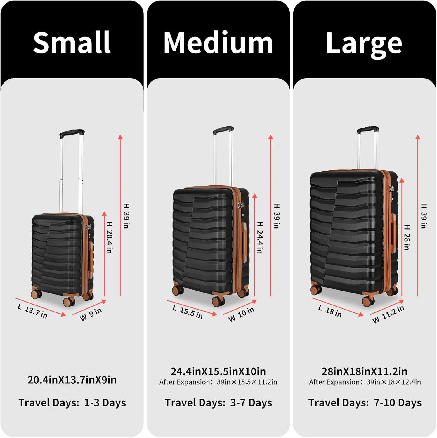 Lightweight Luggage with Spinner Wheels & YKK Zipper, 3-Piece Suitcase ABS PC Hardside Hard Shell Luggage Set with TSA Lock, Black & Brown (20 24 28 inch)