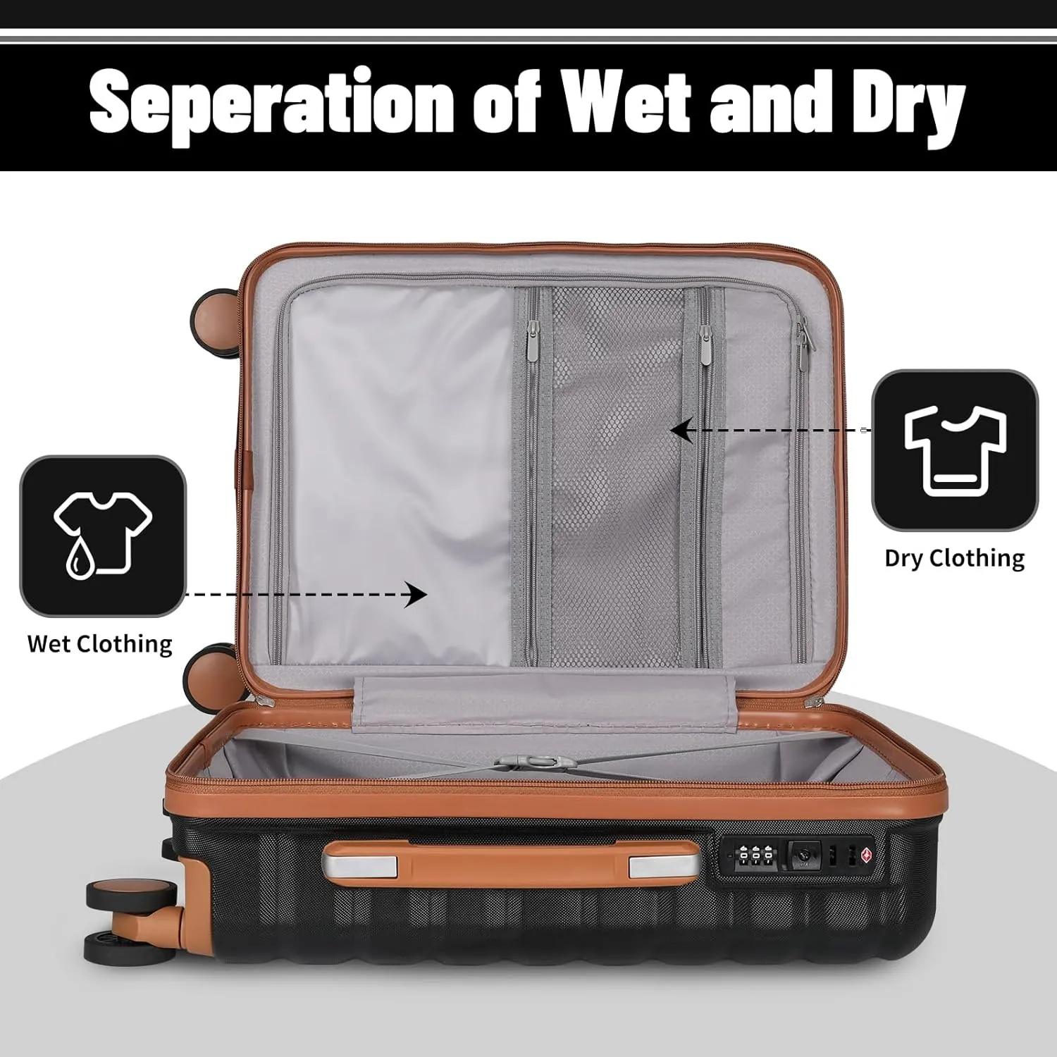 Lightweight Luggage with Spinner Wheels & YKK Zipper, 3-Piece Suitcase ABS PC Hardside Hard Shell Luggage Set with TSA Lock, Black & Brown (20 24 28 inch)