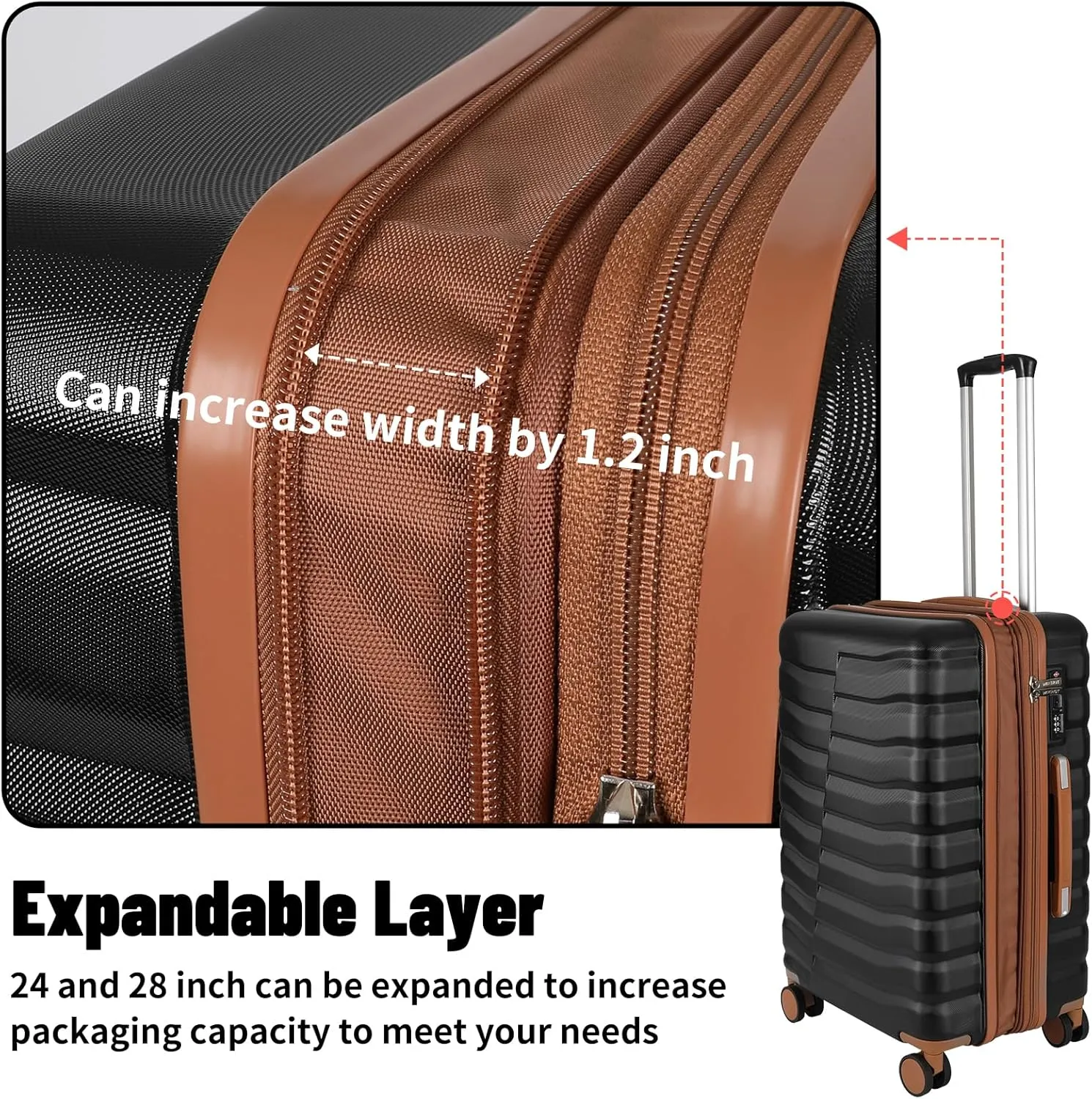 Lightweight Luggage with Spinner Wheels & YKK Zipper, 3-Piece Suitcase ABS PC Hardside Hard Shell Luggage Set with TSA Lock, Black & Brown (20 24 28 inch)