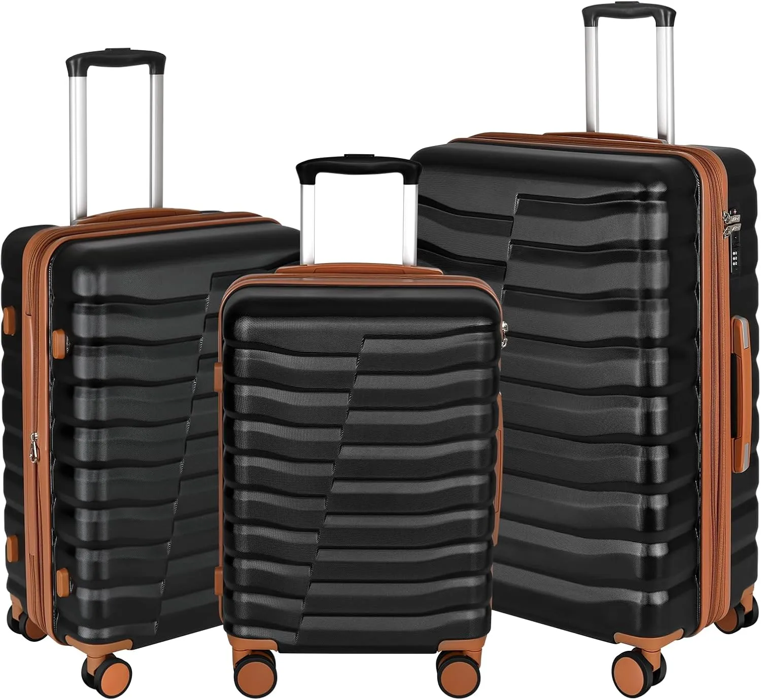 Lightweight Luggage with Spinner Wheels & YKK Zipper, 3-Piece Suitcase ABS PC Hardside Hard Shell Luggage Set with TSA Lock, Black & Brown (20 24 28 inch)