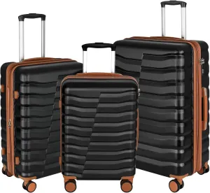 Lightweight Luggage with Spinner Wheels & YKK Zipper, 3-Piece Suitcase ABS PC Hardside Hard Shell Luggage Set with TSA Lock, Black & Brown (20 24 28 inch)