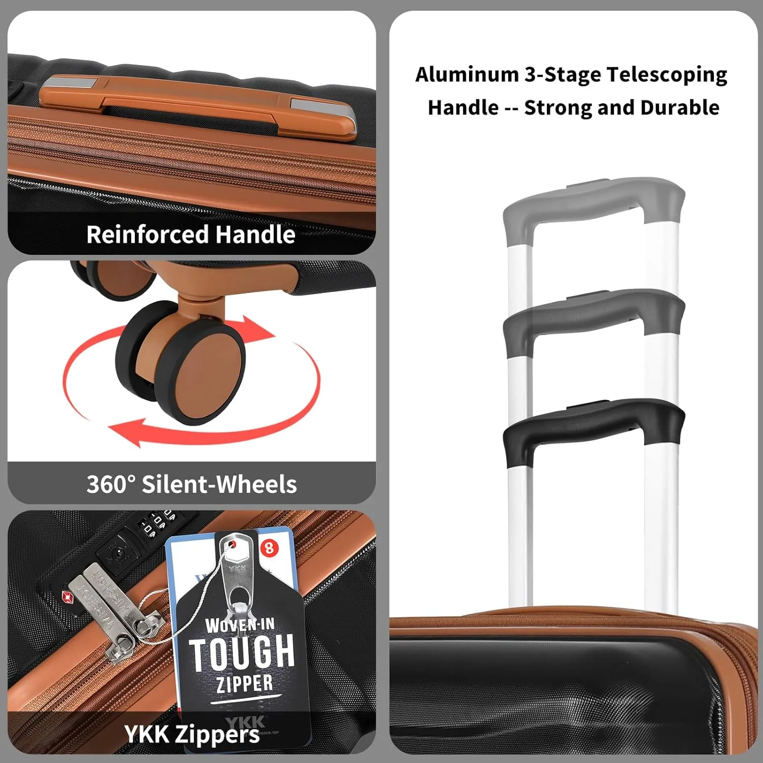 Lightweight Luggage with Spinner Wheels & YKK Zipper, 3-Piece Suitcase ABS PC Hardside Hard Shell Luggage Set with TSA Lock, Black & Brown (20 24 28 inch)