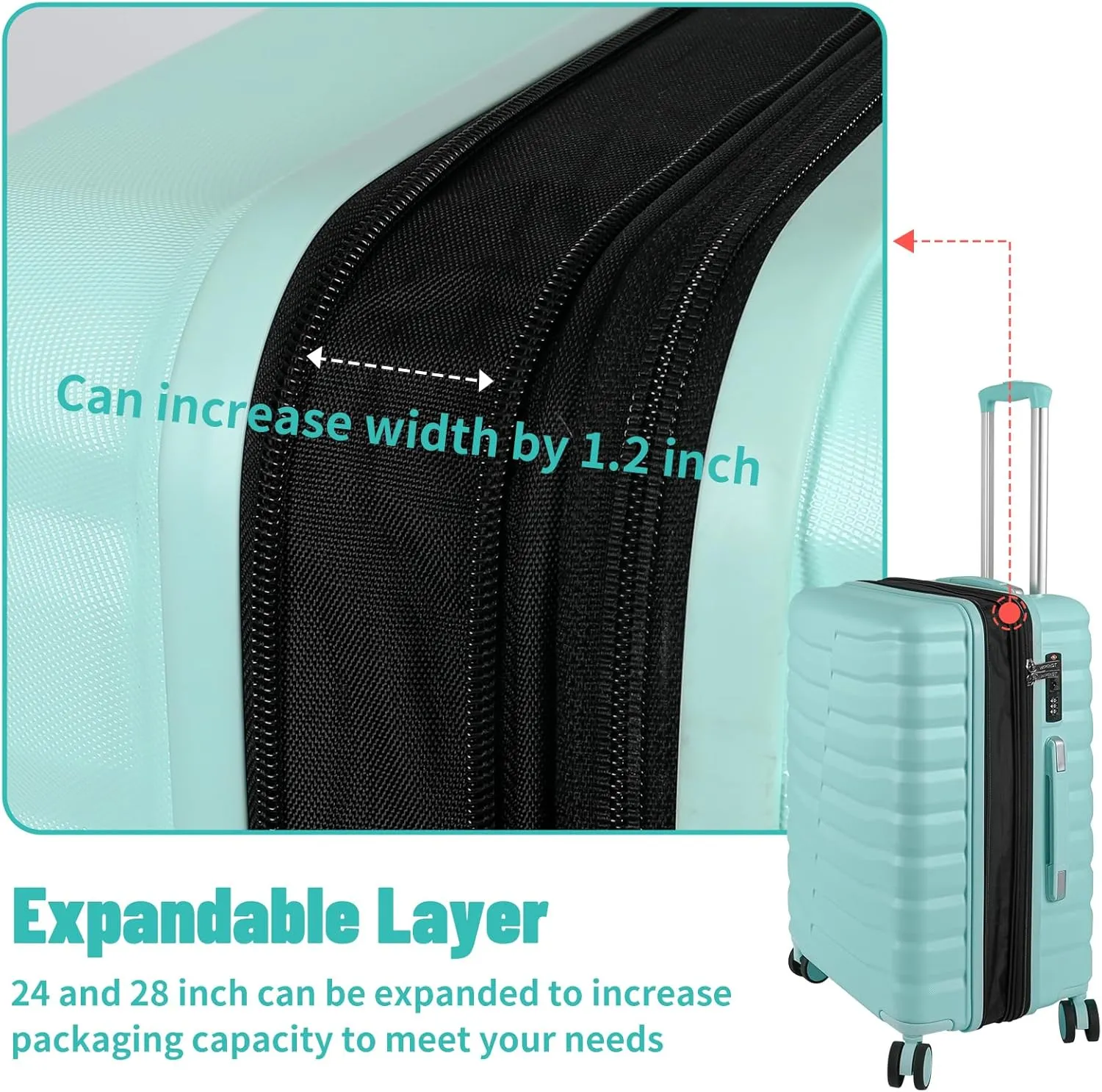 Lightweight Luggage with Spinner Wheels & YKK Zipper, 3-Piece Suitcase ABS PC Hardside Hard Shell Luggage Set with TSA Lock, Light Mint Green (20 24 28 inch)