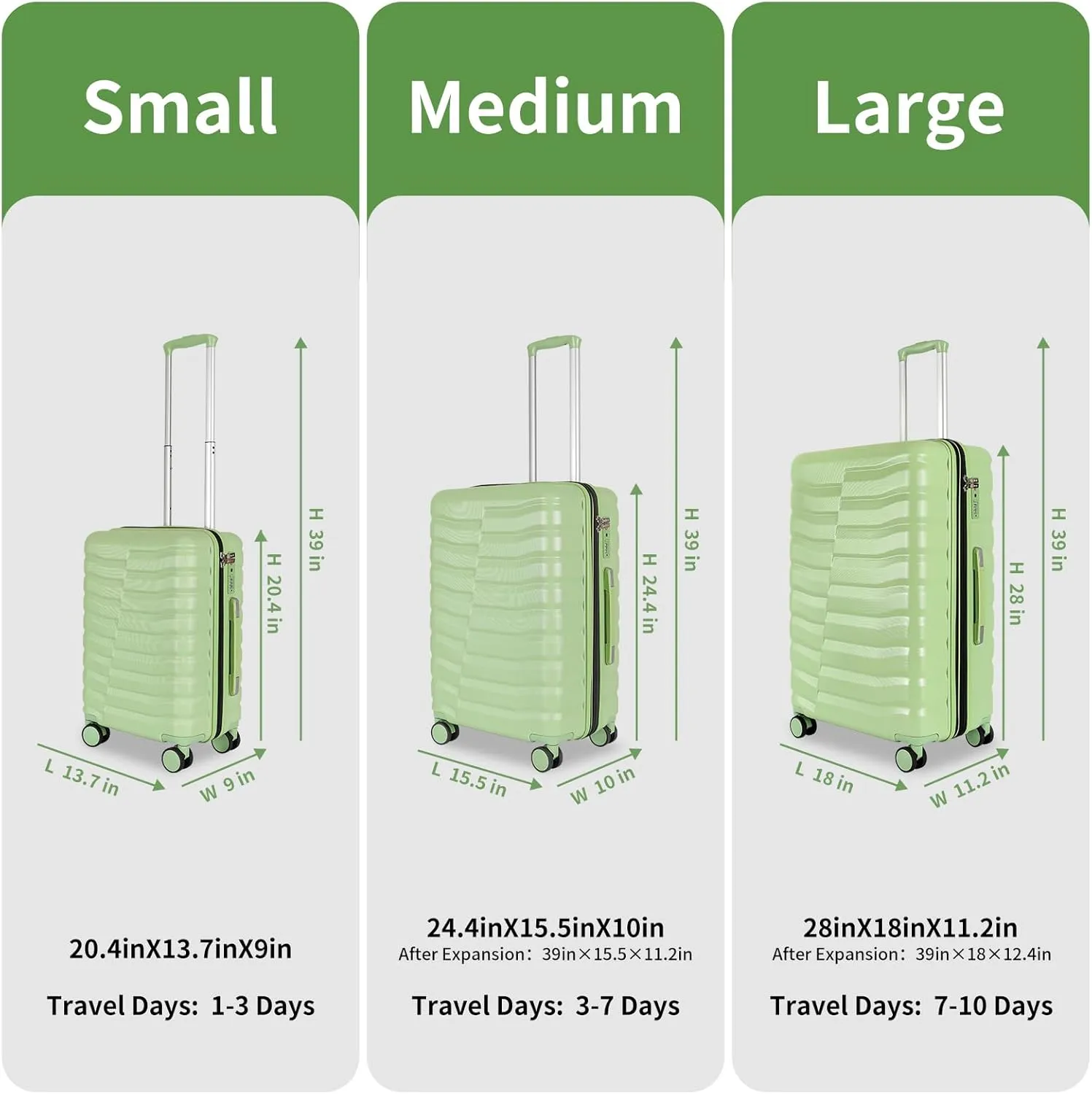 Lightweight Luggage with Spinner Wheels & YKK Zipper, 3-Piece Suitcase ABS PC Hardside Luggage Set with TSA Lock, Light Avocado Green (20 24 28 inch)