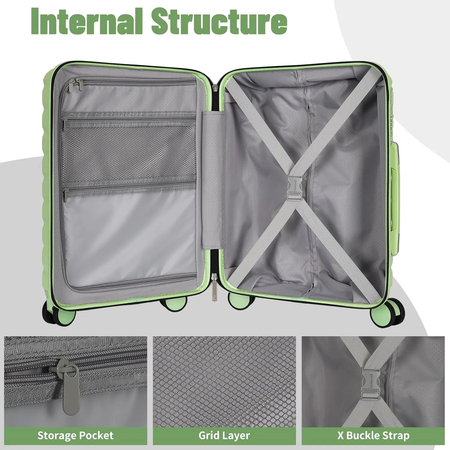 Lightweight Luggage with Spinner Wheels & YKK Zipper, 3-Piece Suitcase ABS PC Hardside Luggage Set with TSA Lock, Light Avocado Green (20 24 28 inch)
