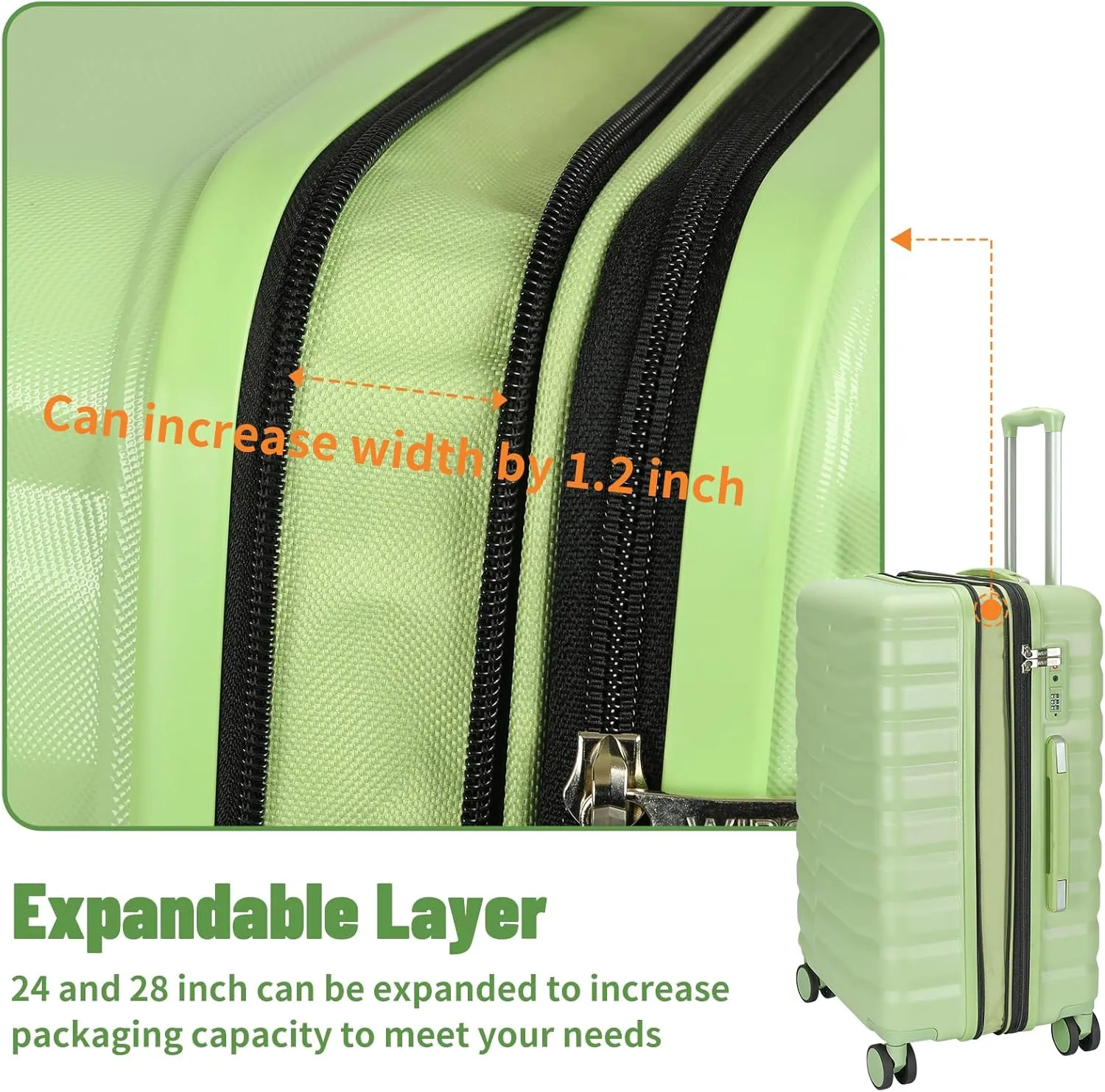 Lightweight Luggage with Spinner Wheels & YKK Zipper, 3-Piece Suitcase ABS PC Hardside Luggage Set with TSA Lock, Light Avocado Green (20 24 28 inch)