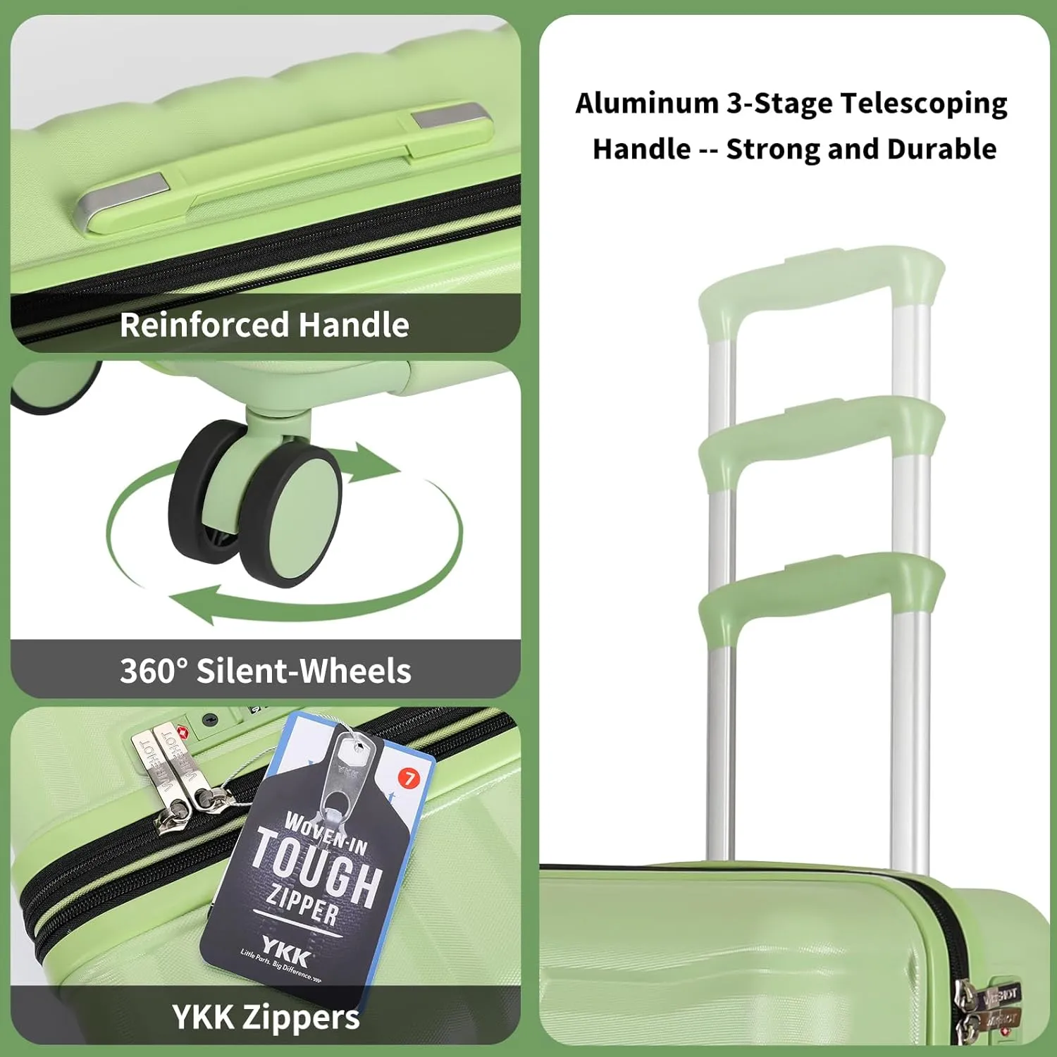 Lightweight Luggage with Spinner Wheels & YKK Zipper, 3-Piece Suitcase ABS PC Hardside Luggage Set with TSA Lock, Light Avocado Green (20 24 28 inch)