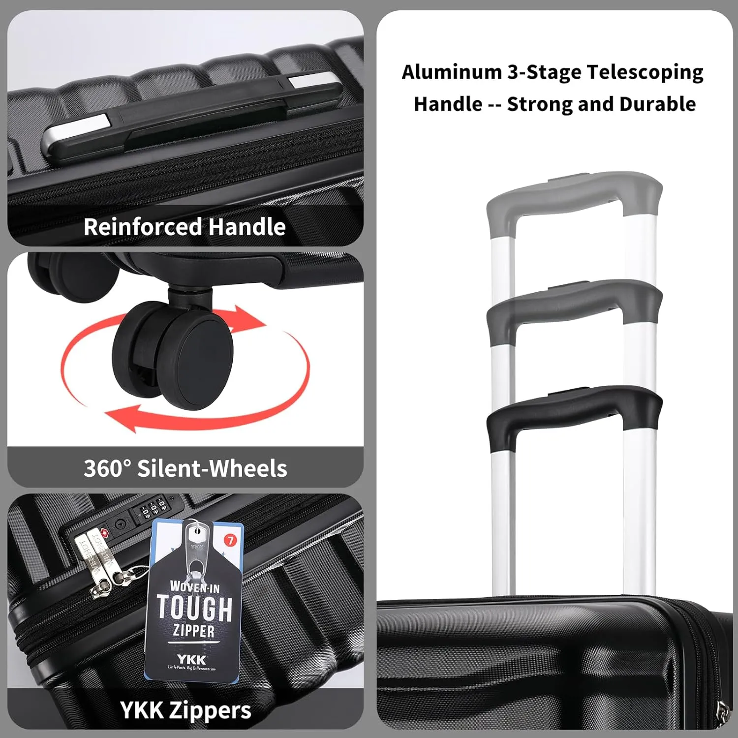Lightweight Luggage with Spinner Wheels & YKK Zipper, Hard Shell 3-Piece Suitcase ABS PC Hardside Luggage Set with TSA Lock for Men Travel, Black (20 24 28 inch)