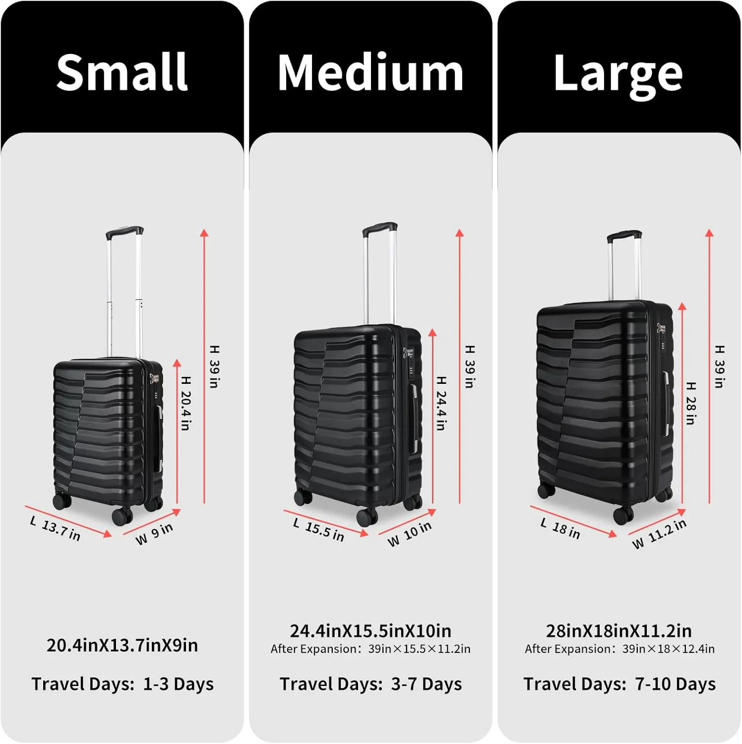 Lightweight Luggage with Spinner Wheels & YKK Zipper, Hard Shell 3-Piece Suitcase ABS PC Hardside Luggage Set with TSA Lock for Men Travel, Black (20 24 28 inch)