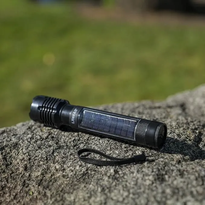 LitezAll Bask Solar Powered Flashlight - 4-Hour Rechargeable Tactical Flashlights, Weather Resistant, Car Flashlight/Emergency Lights in One, Great for Camping, Hiking, Security and Emergency Use