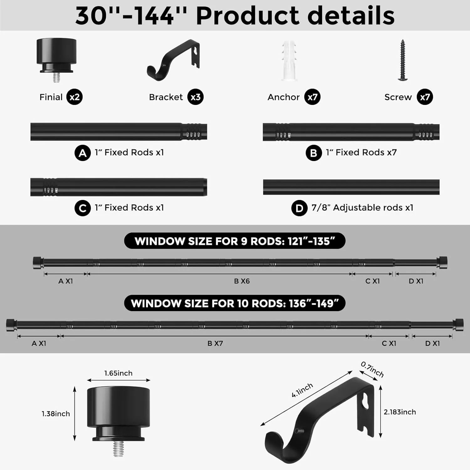 Long Curtain Rods for Windows 72 to 144 Inch(6-12 Feet), Black Heavy Duty 1'' Diameter Adjustable Window Drapery Rod 66 120, Modern End Cap Style Design, Size 36''-144''