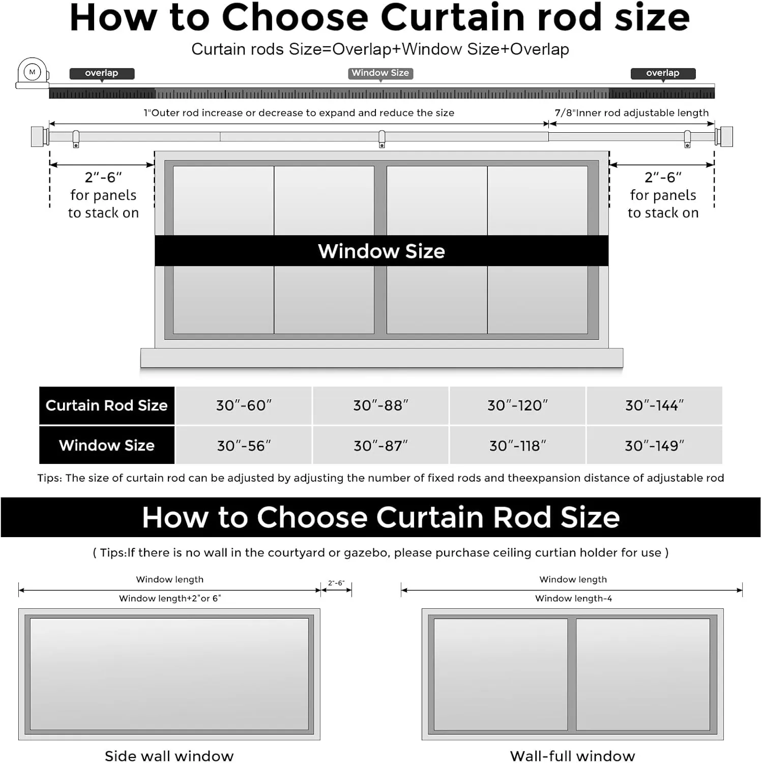 Long Curtain Rods for Windows 72 to 144 Inch(6-12 Feet), Black Heavy Duty 1'' Diameter Adjustable Window Drapery Rod 66 120, Modern End Cap Style Design, Size 36''-144''