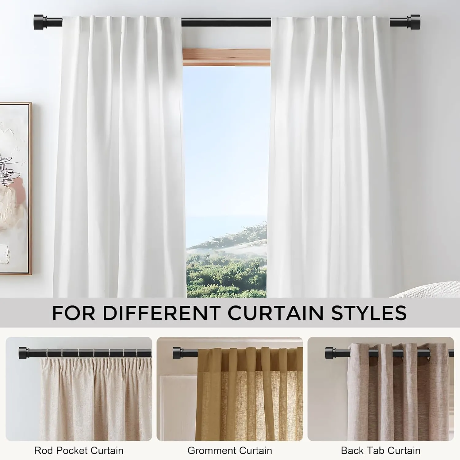 Long Curtain Rods for Windows 72 to 144 Inch(6-12 Feet), Black Heavy Duty 1'' Diameter Adjustable Window Drapery Rod 66 120, Modern End Cap Style Design, Size 36''-144''