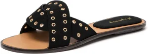 Lryweisy Women's Suede Slide Sandals with Metallic Perforated Holes for Breathability and Cushioned Insole