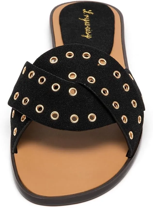 Lryweisy Women's Suede Slide Sandals with Metallic Perforated Holes for Breathability and Cushioned Insole