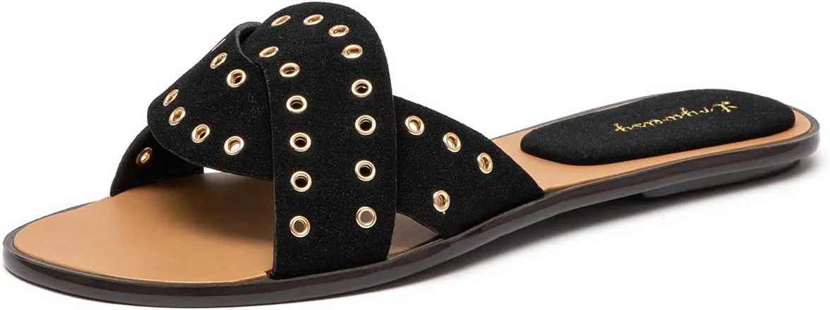 Lryweisy Women's Suede Slide Sandals with Metallic Perforated Holes for Breathability and Cushioned Insole