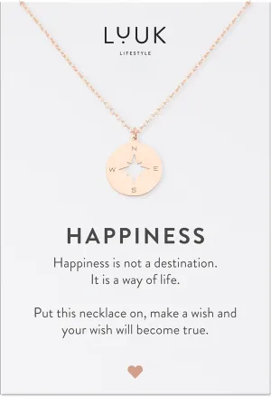 LUUK LIFESTYLE Stainless steel necklace with pendant and HAPPINESS card, 20” adjustable length, lucky charm, friendship chain, Valentine's Day gift, birthday, women's jewelry, silver, gold, rosegold