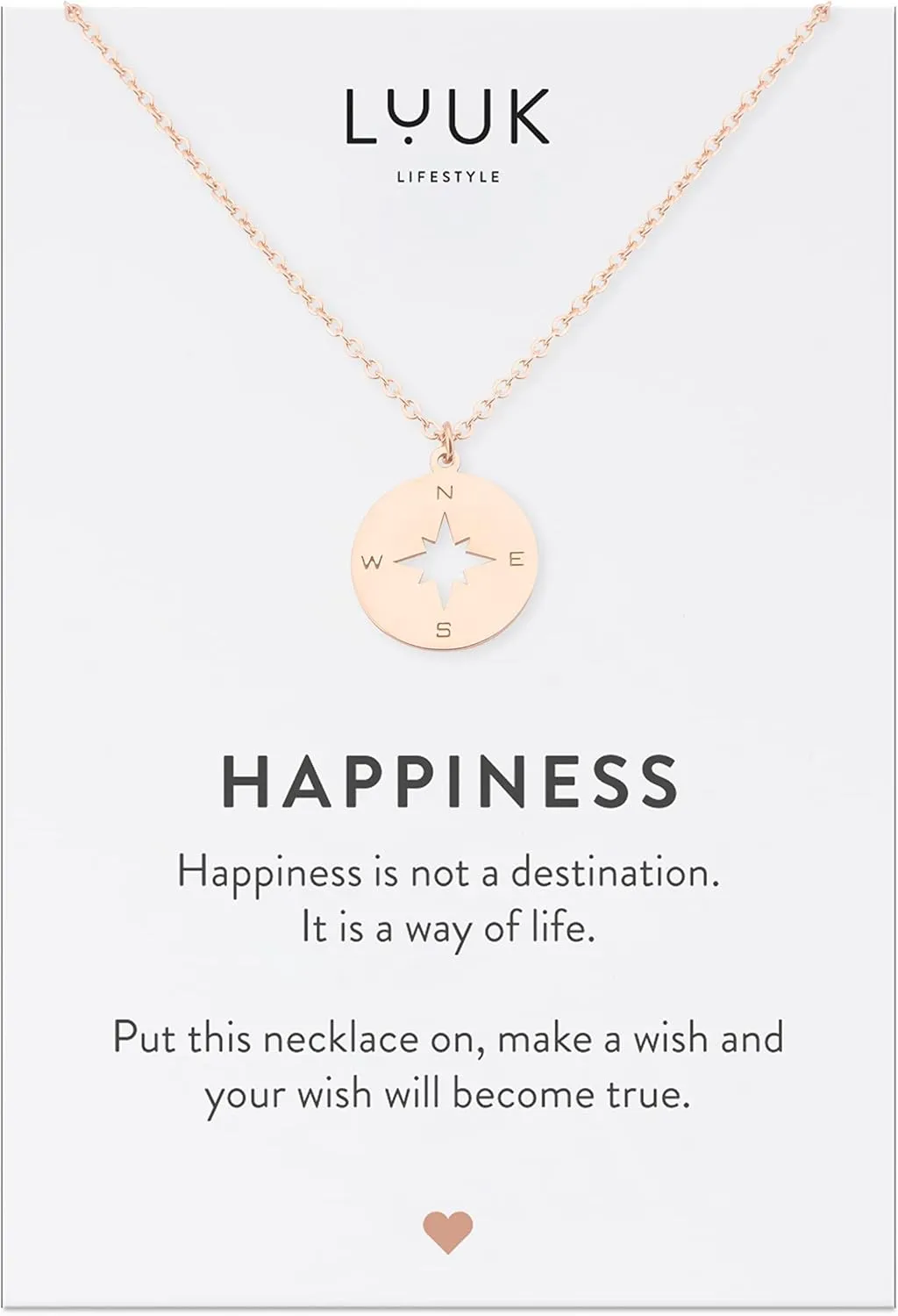 LUUK LIFESTYLE Stainless steel necklace with pendant and HAPPINESS card, 20” adjustable length, lucky charm, friendship chain, Valentine's Day gift, birthday, women's jewelry, silver, gold, rosegold