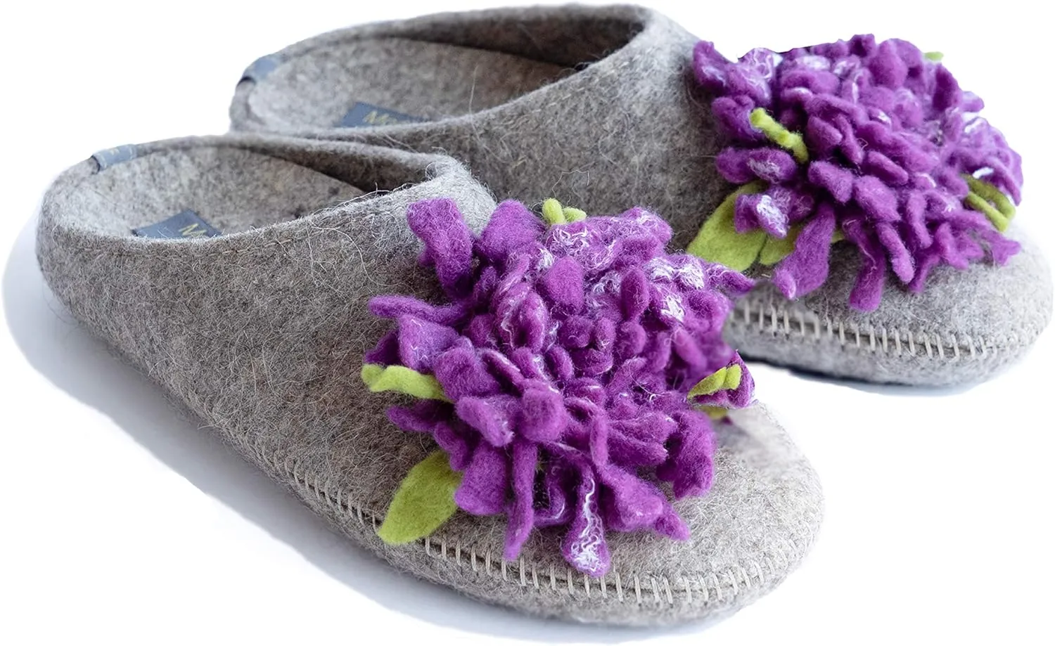 Made For You Women’s Wool Slippers with Handmade Chrysanthemum Flower, Non-Slip Rubber Sole and Arch Support Insole