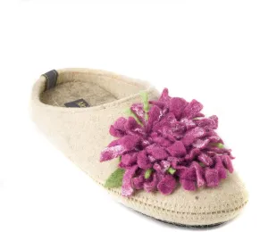 Made For You Women’s Wool Slippers with Handmade Chrysanthemum Flower, Non-Slip Rubber Sole and Arch Support Insole