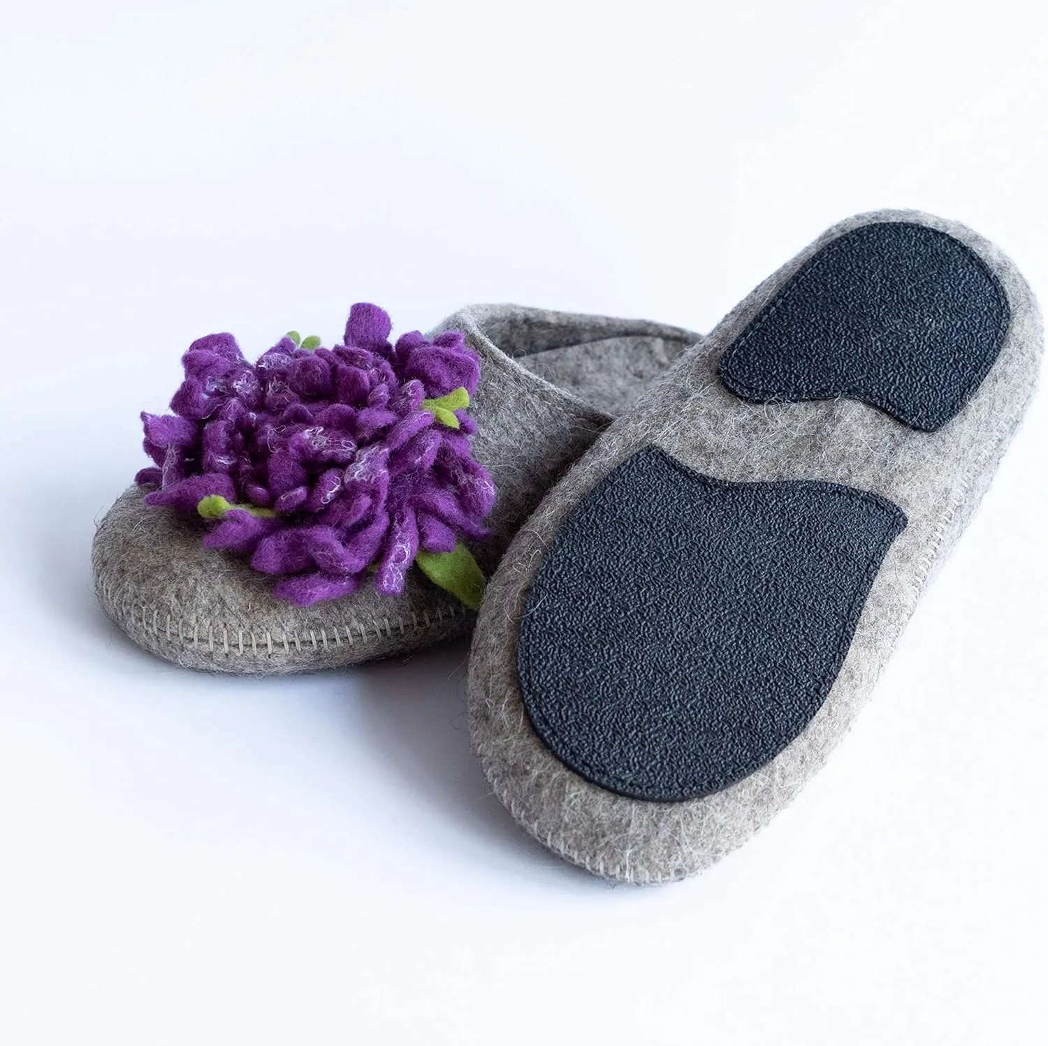 Made For You Women’s Wool Slippers with Handmade Chrysanthemum Flower, Non-Slip Rubber Sole and Arch Support Insole