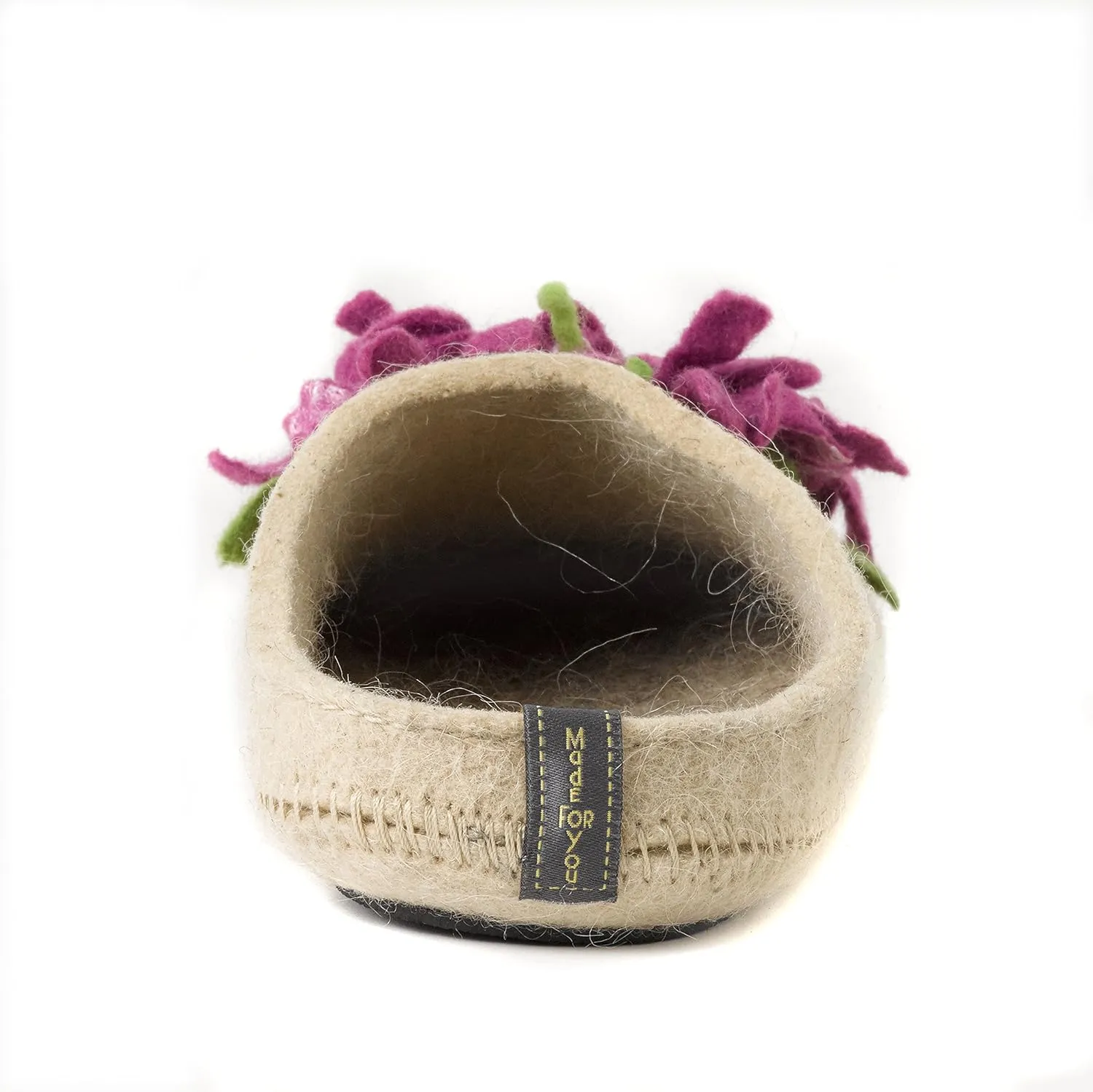 Made For You Women’s Wool Slippers with Handmade Chrysanthemum Flower, Non-Slip Rubber Sole and Arch Support Insole