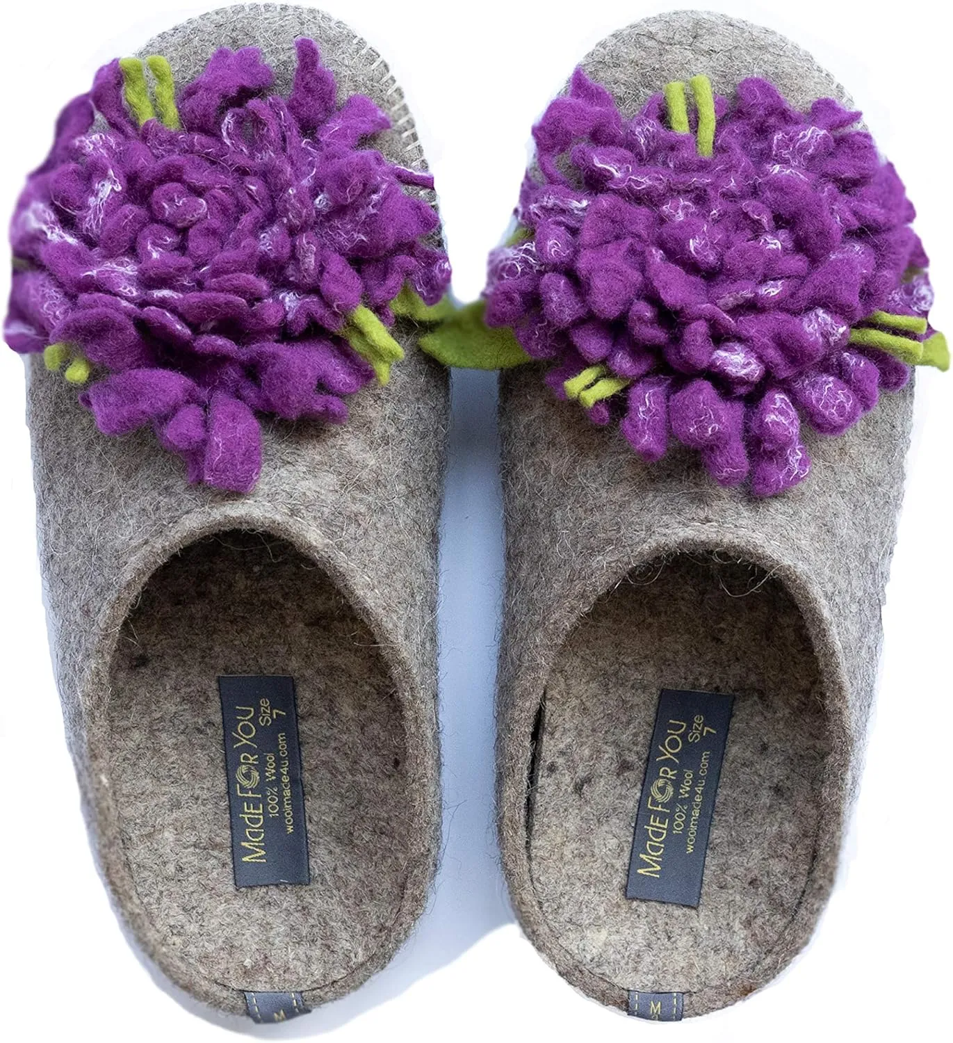 Made For You Women’s Wool Slippers with Handmade Chrysanthemum Flower, Non-Slip Rubber Sole and Arch Support Insole