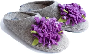 Made For You Women’s Wool Slippers with Handmade Chrysanthemum Flower, Non-Slip Rubber Sole and Arch Support Insole