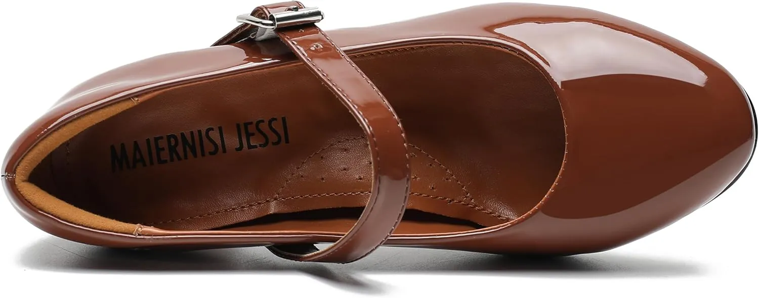 MAIERNISI JESSI Unisex Men's Women's Mary Jane Shoes Block Heel Round Toe Buckle Mid High Dress Pumps