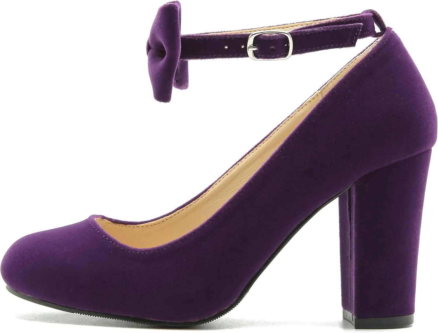 MAIERNISI JESSI Women's Bow Ankle Strap Pumps Block Heel Round Closed Toe Mary Jane Dress Shoes