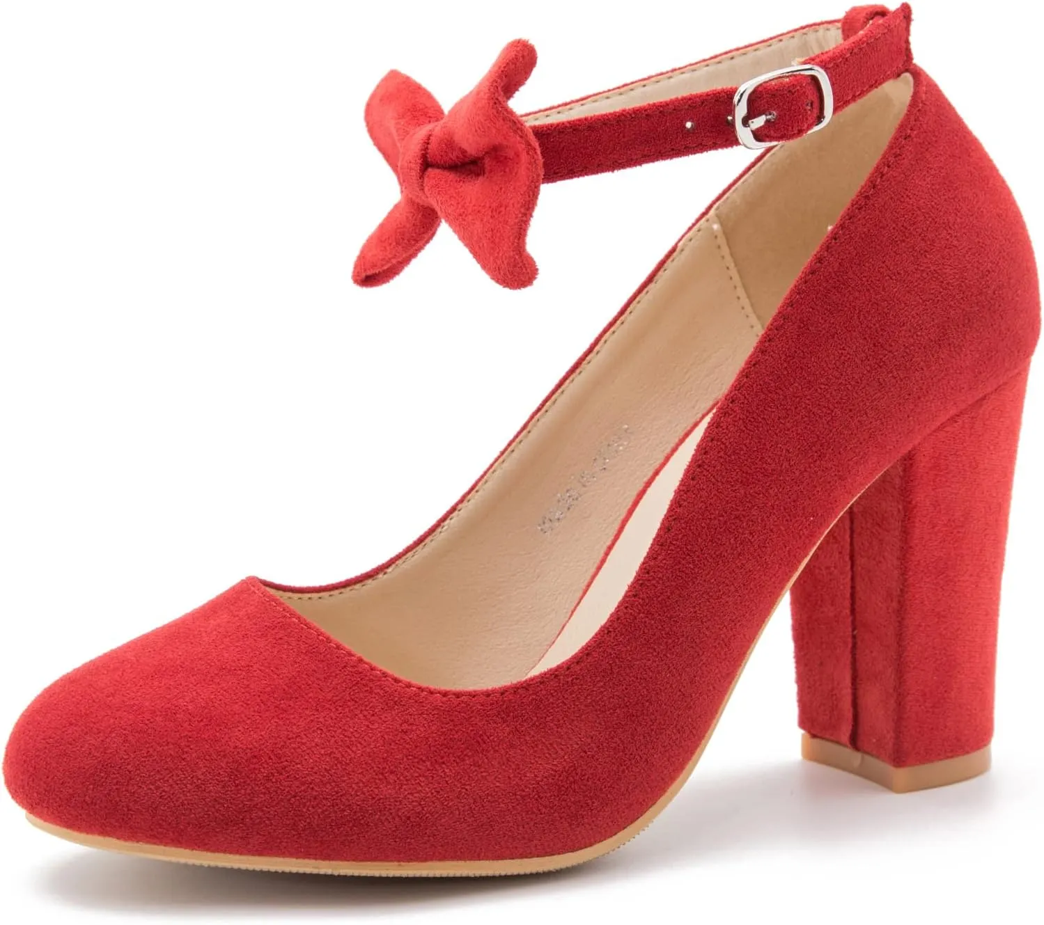MAIERNISI JESSI Women's Bow Ankle Strap Pumps Block Heel Round Closed Toe Mary Jane Dress Shoes