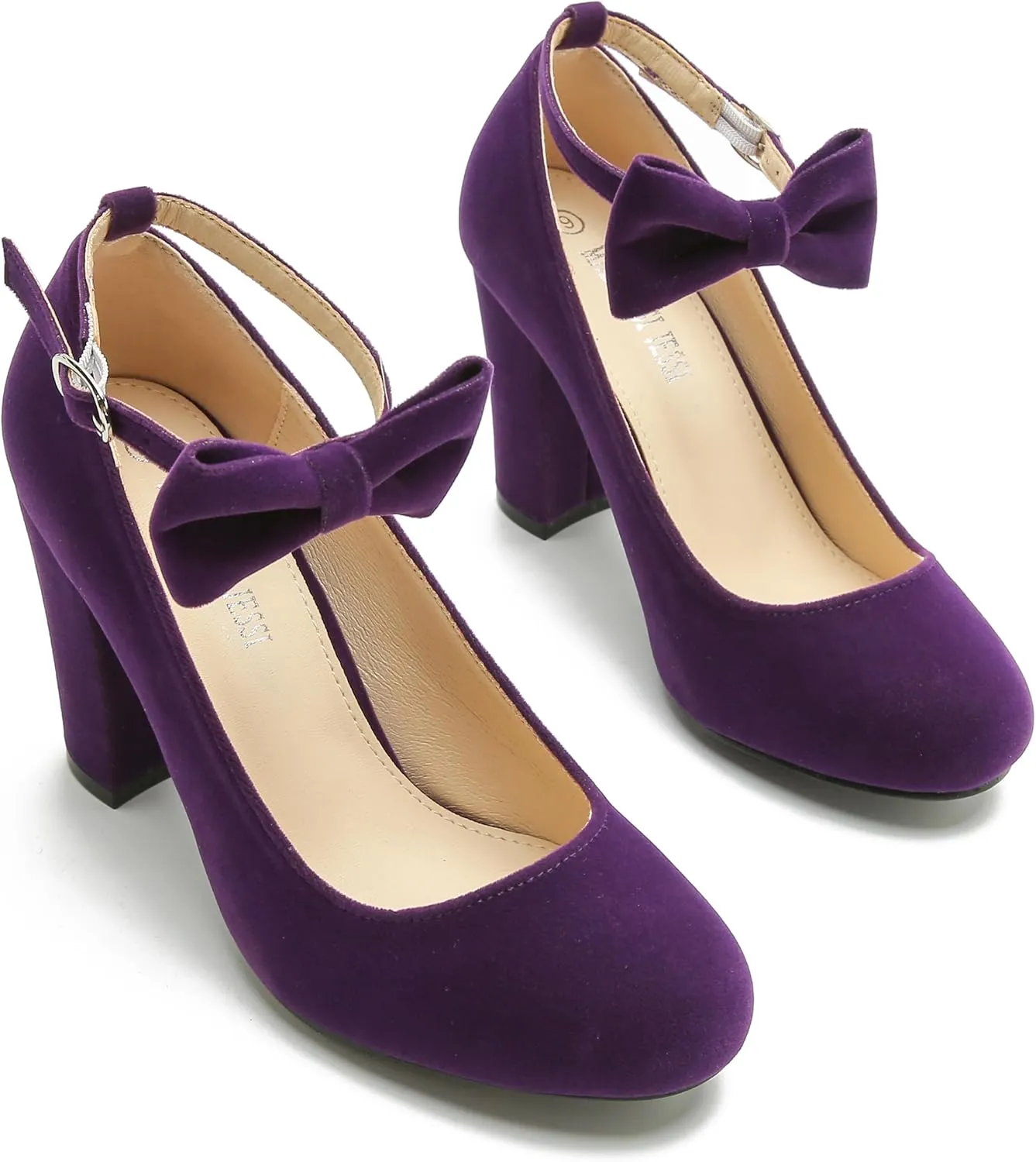 MAIERNISI JESSI Women's Bow Ankle Strap Pumps Block Heel Round Closed Toe Mary Jane Dress Shoes