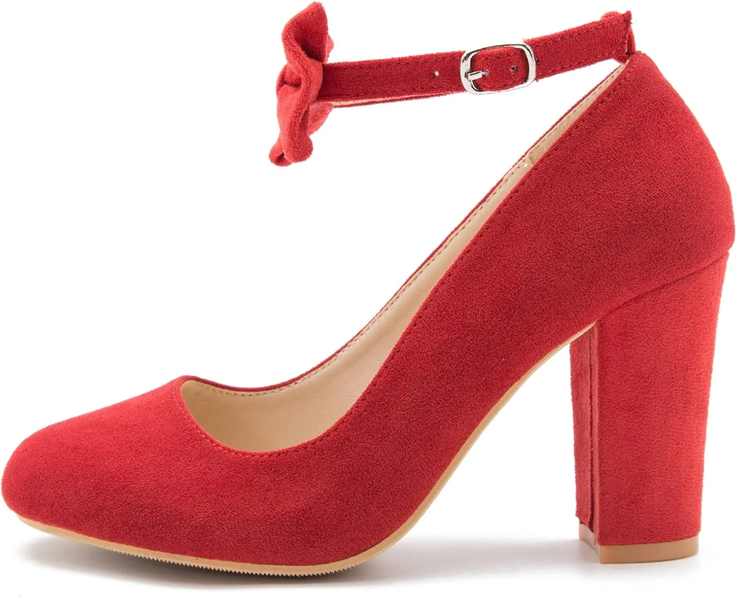MAIERNISI JESSI Women's Bow Ankle Strap Pumps Block Heel Round Closed Toe Mary Jane Dress Shoes