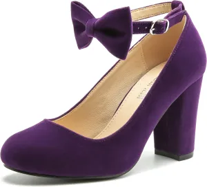 MAIERNISI JESSI Women's Bow Ankle Strap Pumps Block Heel Round Closed Toe Mary Jane Dress Shoes
