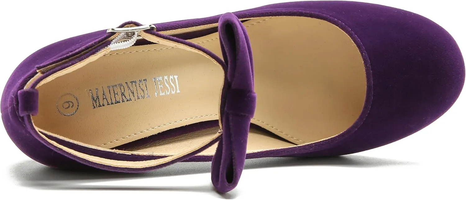 MAIERNISI JESSI Women's Bow Ankle Strap Pumps Block Heel Round Closed Toe Mary Jane Dress Shoes