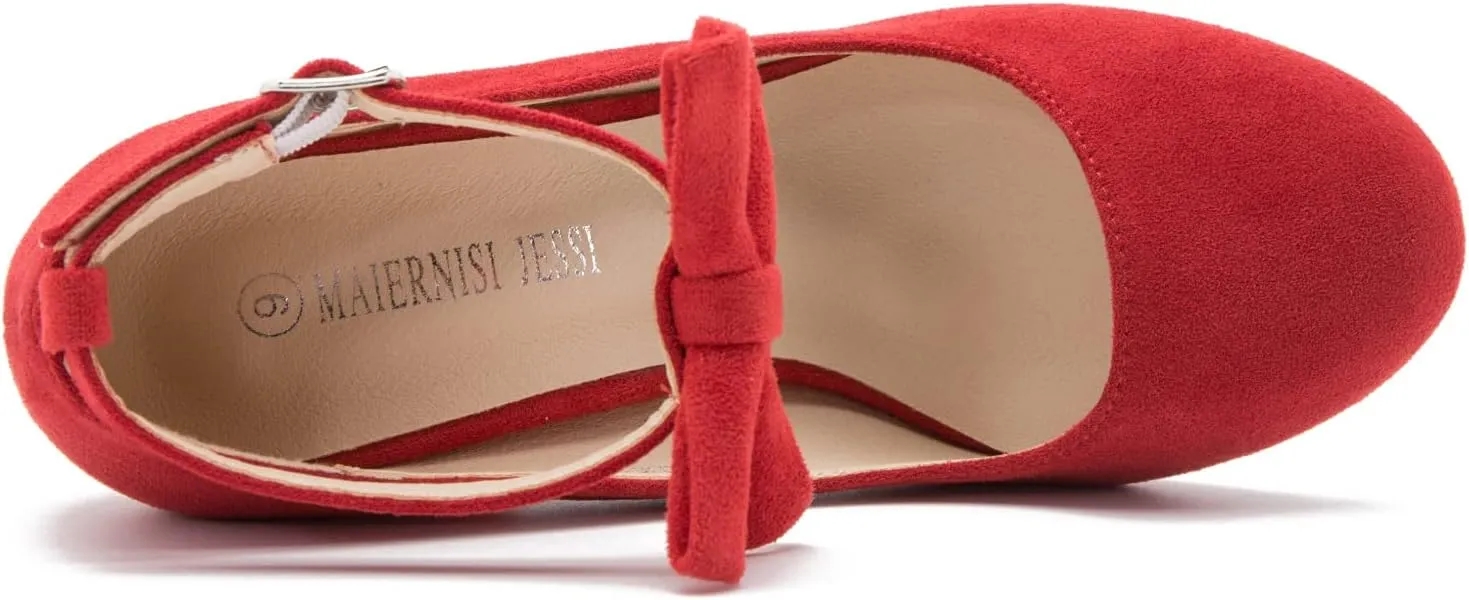 MAIERNISI JESSI Women's Bow Ankle Strap Pumps Block Heel Round Closed Toe Mary Jane Dress Shoes