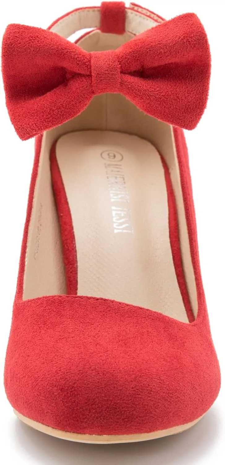MAIERNISI JESSI Women's Bow Ankle Strap Pumps Block Heel Round Closed Toe Mary Jane Dress Shoes