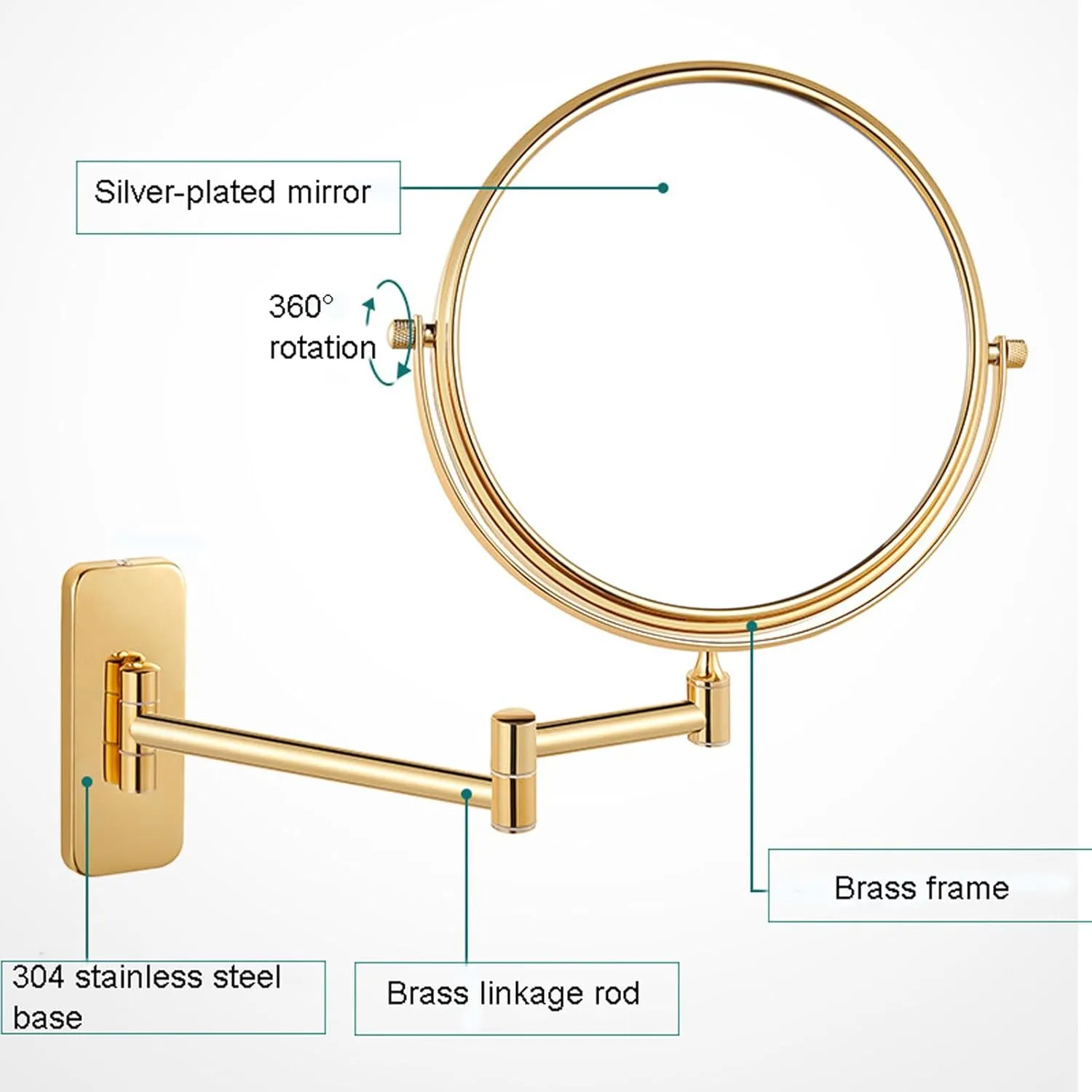 Makeup Mirror with Lights and Magnification Wall Mounted, Wall Mounted Cosmetic Vanity Mirror with Led, 360° Swivel Double Sided Extend and Fold Bathroom Shaving Mirror