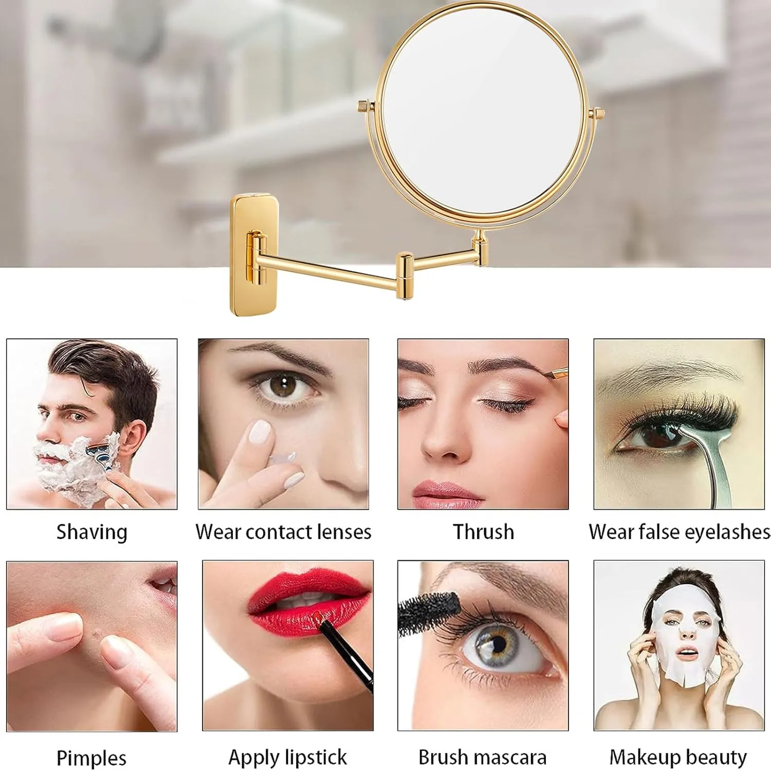Makeup Mirror with Lights and Magnification Wall Mounted, Wall Mounted Cosmetic Vanity Mirror with Led, 360° Swivel Double Sided Extend and Fold Bathroom Shaving Mirror