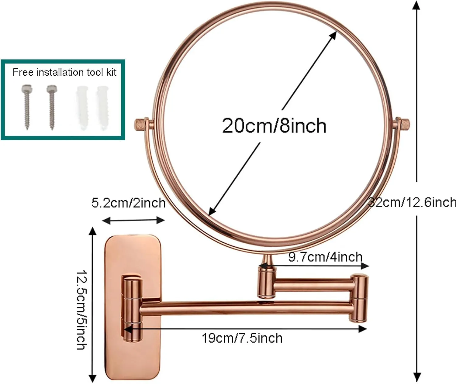 Makeup Mirror with Lights and Magnification Wall Mounted, Wall Mounted Cosmetic Vanity Mirror with Led, 360° Swivel Double Sided Extend and Fold Bathroom Shaving Mirror