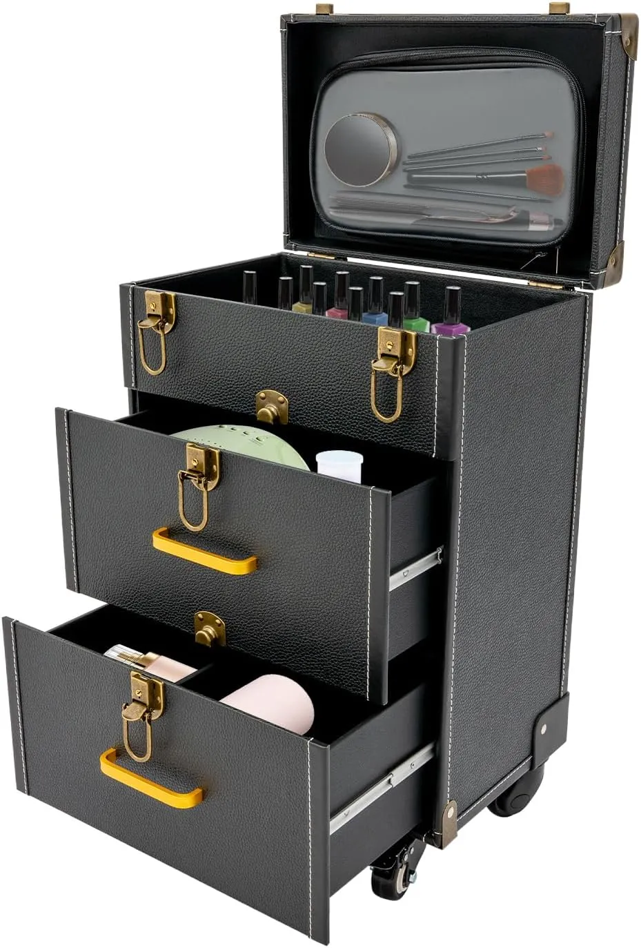 Makeup Rolling Train Case Aluminum Cosmetic Salon Trolley Nail bag Organizer Professional Manicure Tool kit Travel Cart Trunk with lock for Salon Barber Studio Artists (Copper Locking Clasp Black)