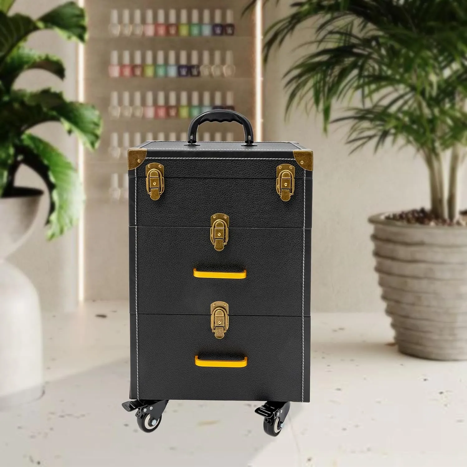 Makeup Rolling Train Case Aluminum Cosmetic Salon Trolley Nail bag Organizer Professional Manicure Tool kit Travel Cart Trunk with lock for Salon Barber Studio Artists (Copper Locking Clasp Black)