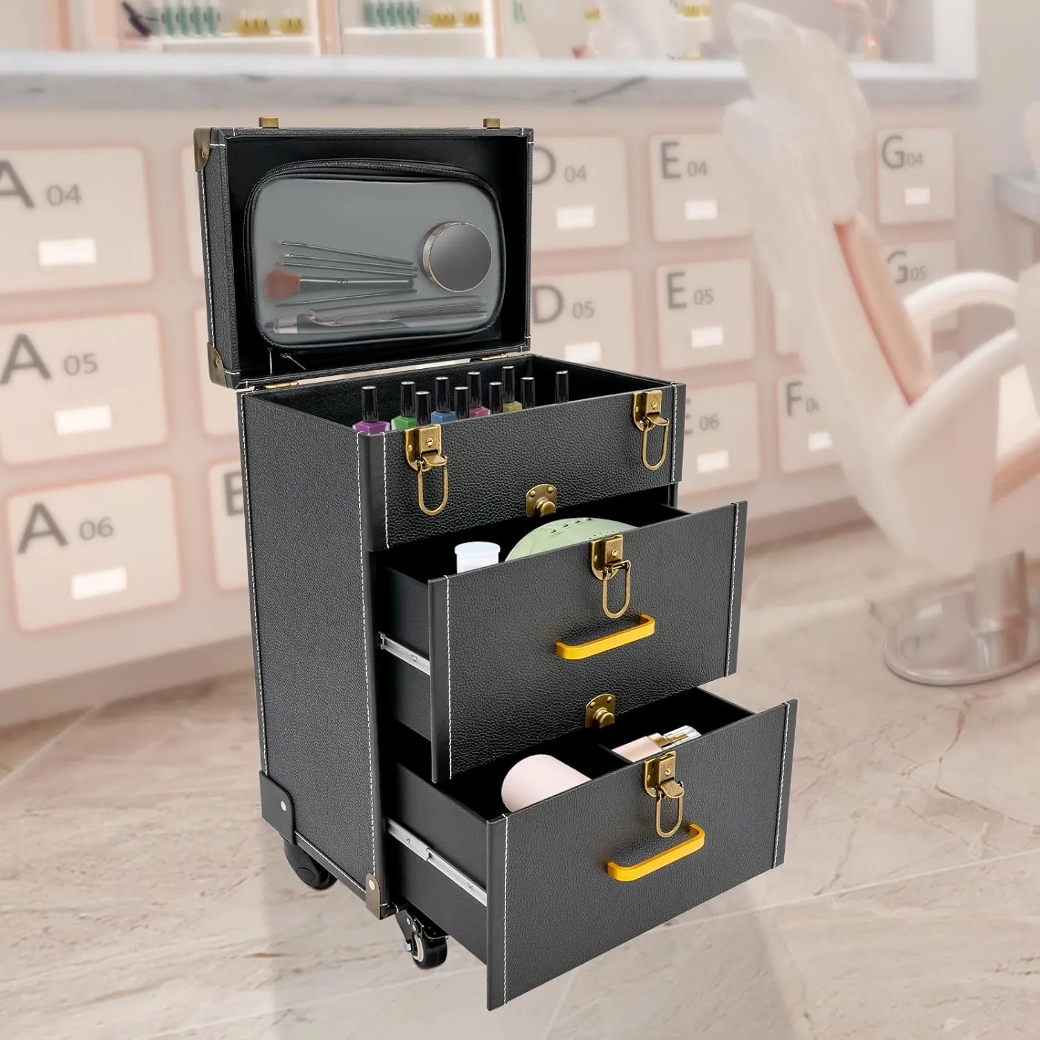 Makeup Rolling Train Case Aluminum Cosmetic Salon Trolley Nail bag Organizer Professional Manicure Tool kit Travel Cart Trunk with lock for Salon Barber Studio Artists (Copper Locking Clasp Black)