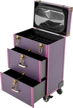 Makeup Train Case, Rolling Makeup Case Trolley Train Box Organizer w/ 4 Wheels Travel Cosmetic Makeup Storage Organizer Cosmetology Case on Wheels Nail Polish Organizer (Purple)