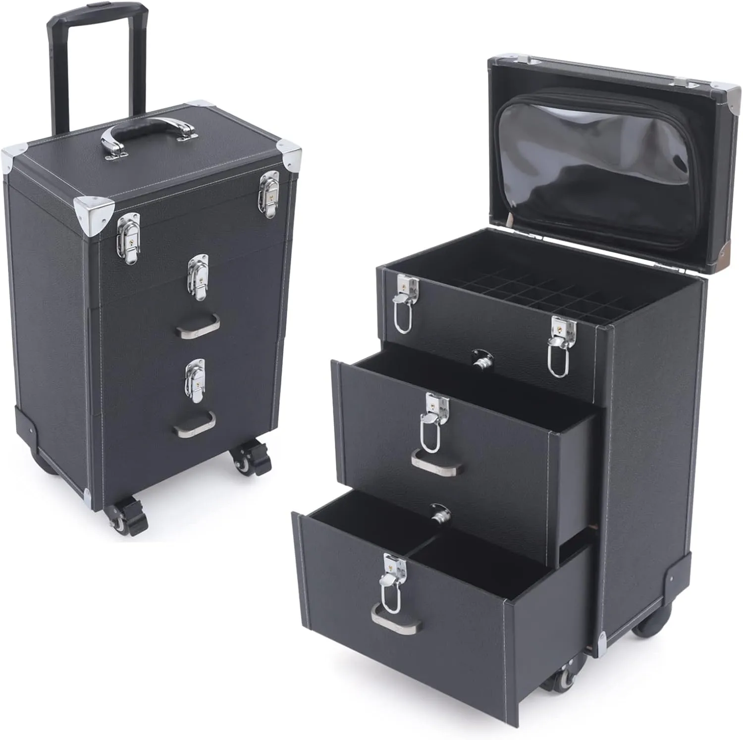 Makeup Train Case, Rolling Nail Case, Aluminum Rolling Makeup Case, Rolling Makeup Trolley Case, Manicure Storage Case Polish Organizer w/ 4 Wheels (Black)